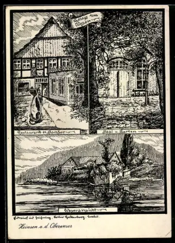 AK Heinsen a. d. Oberweser, Gasthaus zur Weser, Bes. H. Sander, Weseransicht