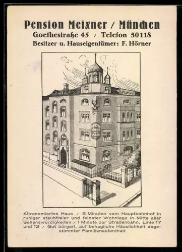AK München, Hotel-Pension Meixner, Bes. F. Hörner, Goethestrasse 45