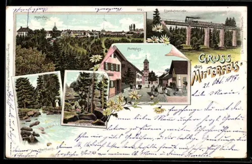Lithographie Mitterfels, Eisenbahnbrücke, Marktplatz, Der hohe Stein, Perlbach