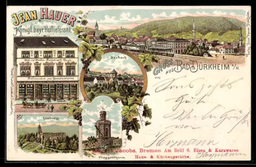 Lithographie Bad Dürkheim a. H., Totalansicht mit Kirche, Restaurant im Paradiesviertel, Inh. Jean Hauer, Seebach