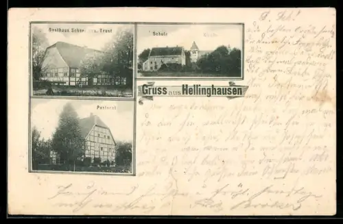AK Hellinghausen, Gasthaus Scheer gen. Trost, Schule, Kirche und Pastorat