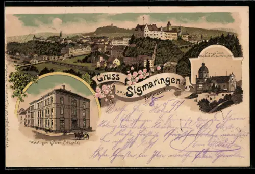 Lithographie Sigmaringen, Hotel zum Löwen v. Hägele, Mausoleum d. Fürsten von Hohenzollern, Ortsansicht