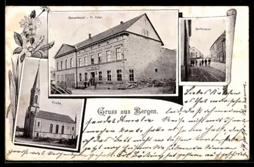 AK Bergen /Kirn, Gasthaus von Ph. Rollar, Partie in der Dorfstrasse und Kirche