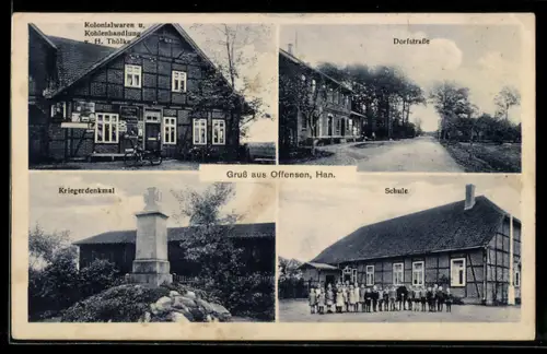 AK Offensen /Han., Partie in der Dorfstrasse, Geschäft von H. Thölke und Kriegerdenkmal