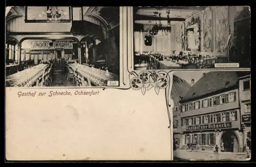 AK Ochsenfurt / Main, Gasthof zur Schnecke, Aussenansicht, Saal und Herrenzimmer
