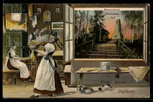 Grusskarten-AK Netzschkau i. Vogtl., Aufstieg zum Bismarckturm, Heimische Szene mit niedlichen Katzen im Passepartout