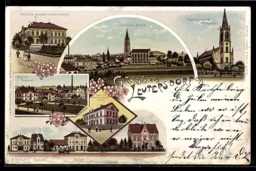 Lithographie Leutersdorf O/L, Schule Nieder- und Oberleutersdorf, Buchbinderei Pohl, Konsum, Bahr, Pfarrei, Post