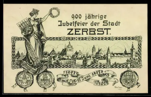 Lithographie Zerbst, 900-jährige Feier der Stadt im Jahr 1907, Teilansicht, Frau mit Wappen und Lorbeerkranz