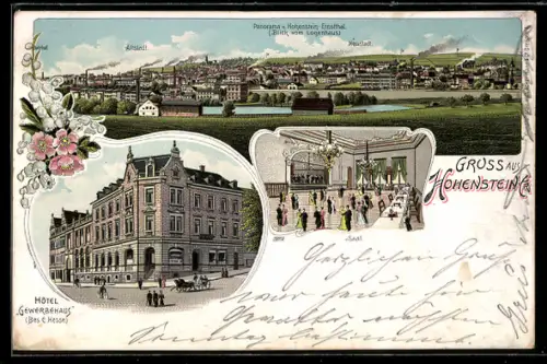 Lithographie Hohenstein-Ernstthal, Hotel Gewerbehaus, Bes. E. Hesse, Saal, Blick vom Logenhaus