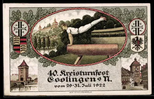 Künstler-AK Esslingen a. N., 40. Kreisturnfest 1922, Turner und Wappen