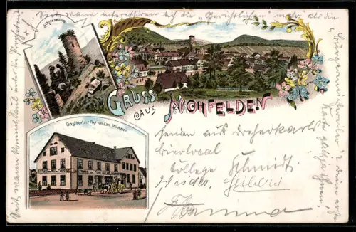 Lithographie Nohfelden, Gasthof zur Post von Carl Wommer, Schlossthurm, Totalansicht