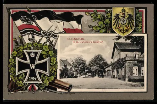 AK Sillenstede, R. D. Janssen`s Gasthof, Passepartout mit Reichsfahne, Wappen, Eisernes Kreuz
