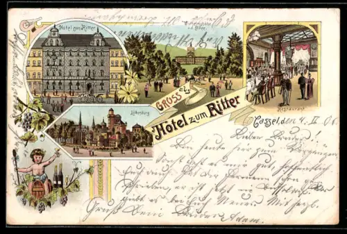 Lithographie Kassel, Hotel zum Ritter, Löwenburg, Wilhelmshöhe v. d. Allee