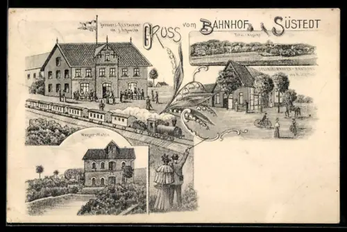 Künstler-AK Süstedt, Bahnhofs-Restaurant von J. Schwecke, Geschäft H. Schmidt, Wassermühle
