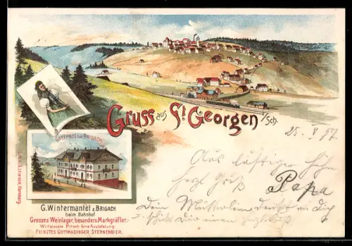 Lithographie St. Georgen i. Sch., Gasthaus zur Brigach, G. Wintermantel, Panorama
