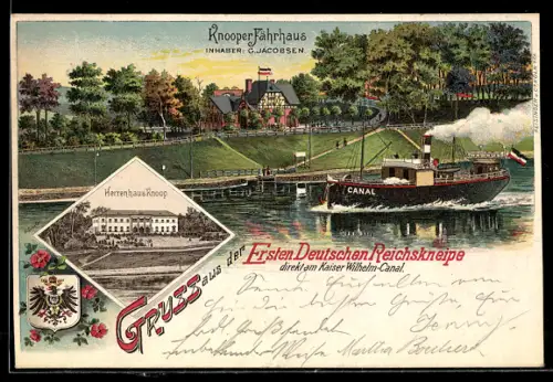 Lithographie Kiel, Gasthaus Knooper Fährhaus, Herrenhaus Knoop, Dampfer Canal