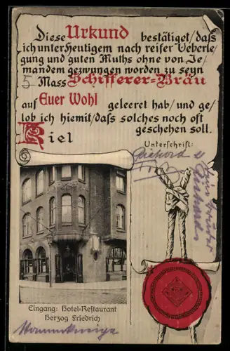 AK Kiel, Eingang zum Hotel-Restaurant Herzog Friedrich, Urkunde mit Siegel