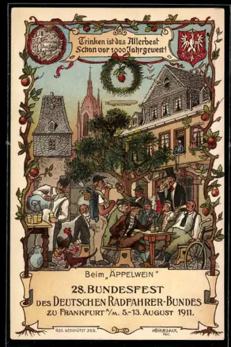AK Frankfurt a. M., 28. Bundesfest des Deutschen Radfahrer-Bundes 1911, Beim Gasthof Äppelwein, Zeppelin