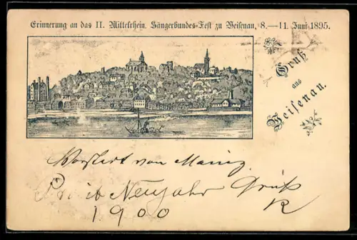 Lithographie Weisenau, II. Mittelrhein. Sängerbundesfest 1895, Panorama mit Flusspartie