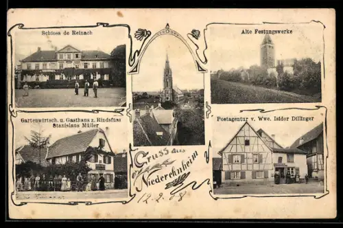 AK Niederehnheim, Gasthof z. Rindsfuss v. Stanislaus Müller, Schloss v. Reinach, Alte Festungswerke