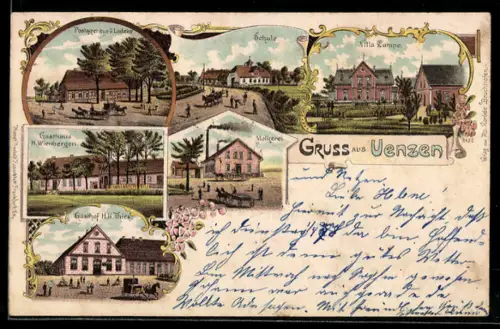 Lithographie Uenzen, Postagentur J. Ludeke, Gasthaus H. Wienbergen, Gasthof H.H. Thies