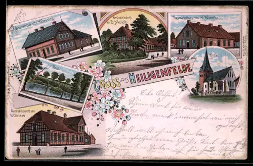 Lithographie Heiligenfelde, Gasthaus D. Niebuhr, Gasthaus H. Brüning, Geschäftshaus H. Warneke