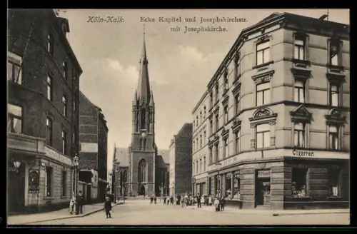 AK Köln-Kalk, Ecke Kapitel und Josephskirchstrasse mit Josephskirche, Cigarren-Handlung H. Manch