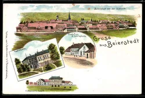 Lithographie Beierstedt, Gasthof v. W. Schliephake, Gesamtansicht von Süden aus, Vasel`s Garten, F. Siemann`s Gehöft