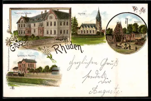 Lithographie Rhüden, Bahnhof Gr. Rhüden, Kirche, Direktionsgebäude, Kaliwerk