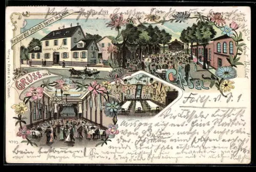 Lithographie Cassel, Restaurant Schaub`s Garten, Inh. G. Ehre, Saal, Garten