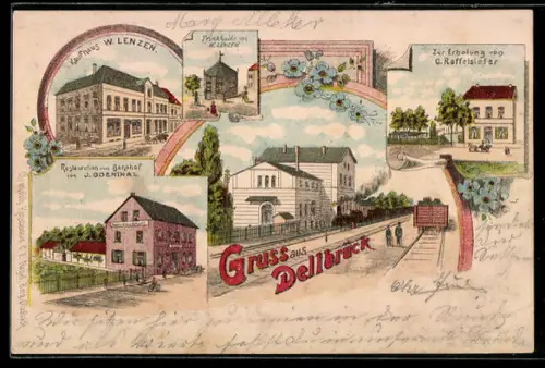 Lithographie Dellbrück, Kaufhaus W. Lenzen, Restaurant zum Bahnhof v. J. Odenthal, Gasthof zur Erholung v. Raffelsiefer