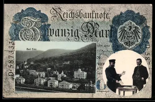 AK Bad Ems, Ortsansicht aus der Vogelschau, Reichsbanknote zu 20 Mark, Geld