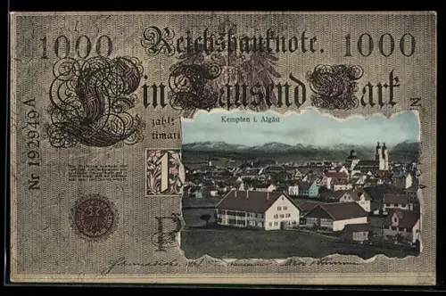 AK Kempten i. Allgäu, Teilansicht mit Kirche im Geldschein, Passepartout