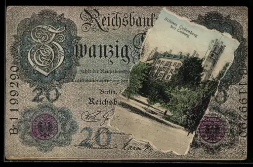 AK Coburg, Ansicht von Schloss Callenberg, Geldschein zu 20 Mark