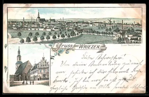 Lithographie Wriezen, Ortsansicht von oben, Strassenpartie, Windmühle