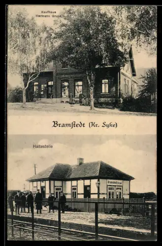 AK Bramstedt /Kr. Syke, Bahnhof von der Gleisseite, Kaufhaus von Hermann Grupe