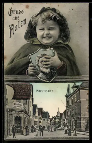 Grusskarten-AK Aalen, Marktplatz mit Bierlokal zum Schützen, Kind mit Wappen
