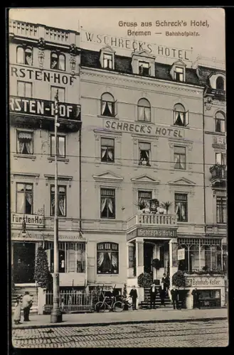 AK Bremen, W. Schreck`s Hotel am Bahnhofsplatz, daneben Hotel Fürstenhof