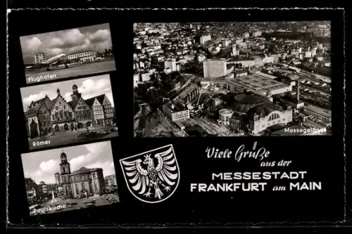 AK Frankfurt a. Main, Messegelände vom Flugzeug aus gesehen, Flughafen, Römer, Paulskirche, Ausstellung