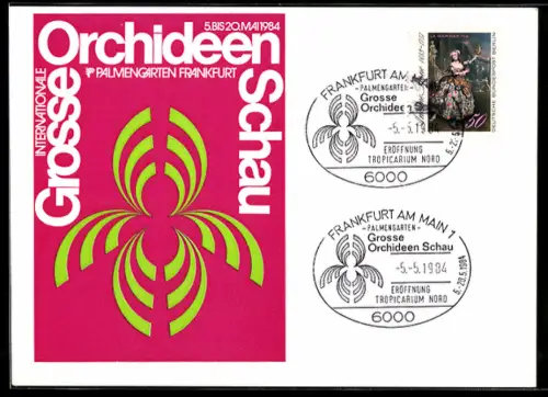 AK Frankfurt a. Main, Internationale Grosse Orchideenschau 1984, Palmengarten, Stilisierte Orchideenblüte, Ausstellung