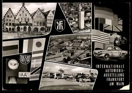 AK Frankfurt a. M., IAA Internationale Automobil Ausstellung, Römer, Messegelände, Henninger Turm, Wappen