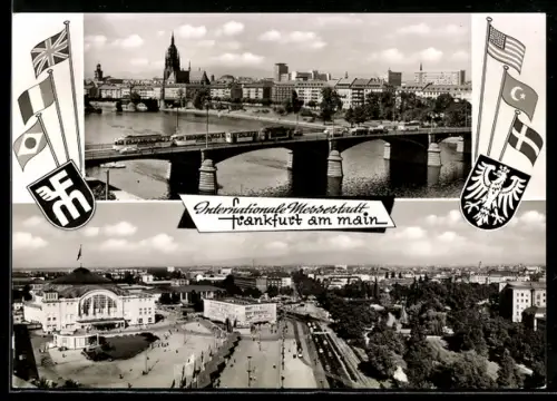 AK Frankfurt a. Main, Messegelände aus der Vogelschau, Panoramaansicht der Stadt mit Brücke und Strassenbahn