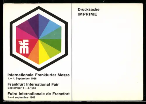 AK Frankfurt a. M., Internationale Frankfurter Messe 1968, Hexagon mit Farbskala, Ausstellung