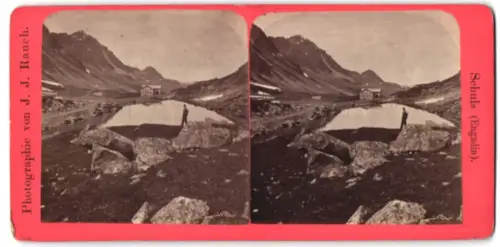 Stereo-Fotografie J. J. Rauch, Ansicht Schuls /Engadin, Berghotel am Seeufer