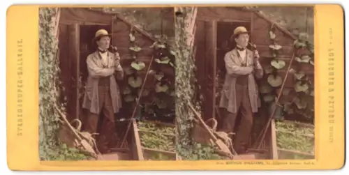 Stereo-Fotografie Loscher & Petsch, Berlin, Gärtner mit Pfeife vor einer Gartenhütte