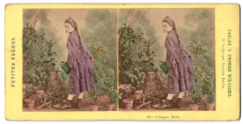 Stereo-Fotografie Sophus Williams, Berlin, Gärtnerin beim Giessen der Pflanzen