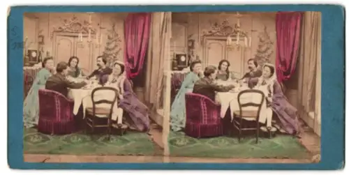 Stereo-Fotografie unbekannter Fotograf und Ort, Damen und Herren bei einer Teestunde