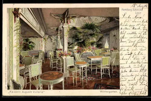 AK Passagierschiff Kaiserin Auguste Victoria der Hamburg-Amerika Linie, Blick in den Wintergarten