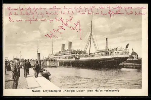 AK Passagierschiff Königin Luise vom Norddeutschen Lloyd den Hafen verlassend