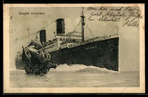 Künstler-AK Hans Bohrdt: Passagierschiff Columbus des Norddeutschen Lloyd mit der Karawelle Santa Maria